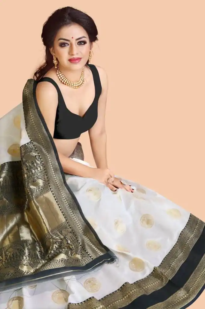 KP 5055 White & Black Color Soft Lichi Silk Jacquard Work Saree Casual, Party Wear, Wedding, Events Etc. Expected Delivery 4-6 Working Days @1499/- | Sarees, Bollywood Sarees, Creative Sarees, Designer Sarees, Embroidered Sarees, Ethnic Saree, Modern Digital sarees, Party Wear Sarees