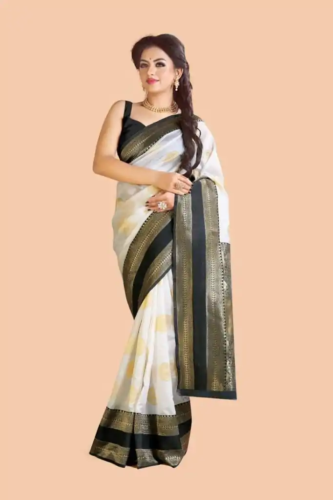KP 5055 White & Black Color Soft Lichi Silk Jacquard Work Saree Casual, Party Wear, Wedding, Events Etc. Expected Delivery 4-6 Working Days @1499/- | Sarees, Bollywood Sarees, Creative Sarees, Designer Sarees, Embroidered Sarees, Ethnic Saree, Modern Digital sarees, Party Wear Sarees