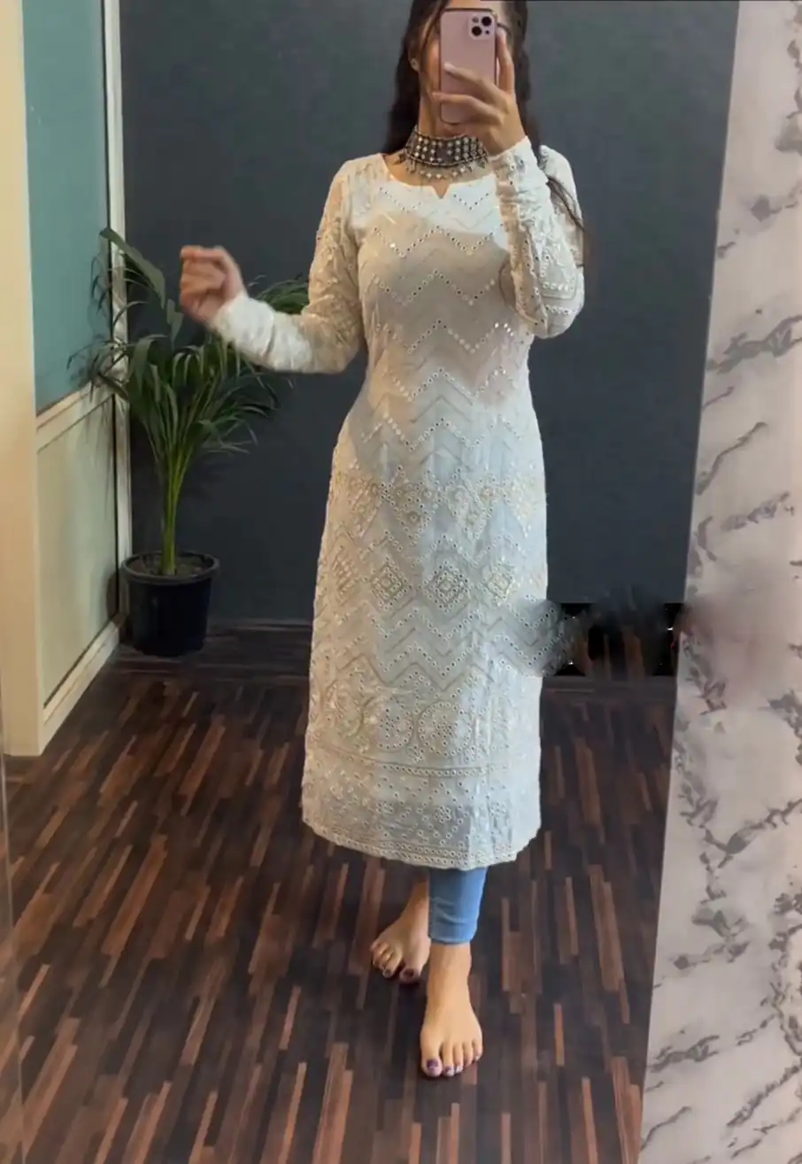 RTC 5535 White Color Foix Georgette thread Sequence Work Kurti Casual, Wedding, Party, Festive, Events Etc. Expected Delivery 4-6 Working Days @1649/- | Kurti, Bollywood Kurti, Creative Kurtis, Designer Kurti, Party Wear Kurti, Selfie Kurti