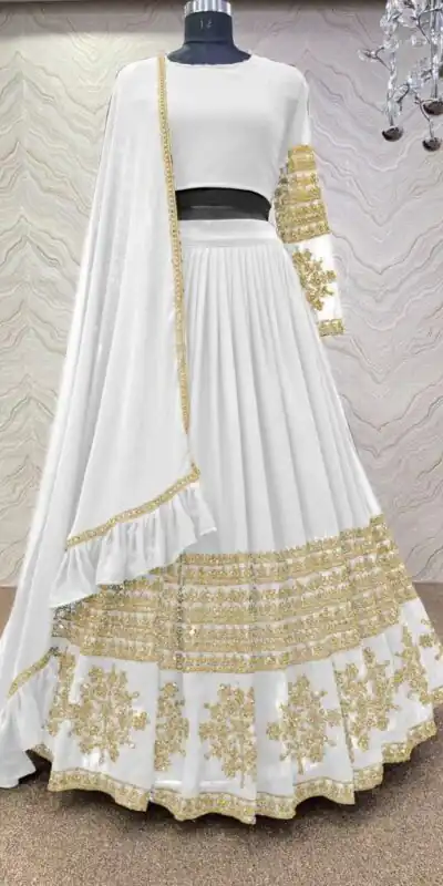 RC Butta Gold White Color Heavy Georgette Embroidery Sequins Lehenga Choli Casual, Party Wedding, Festive, Events Etc. Delivery  4-6 Working Days 1699/- | Lehenga, Bollywood Lehenga, Creative Lehenga, Designer Lehenga, Embroidered Lehenga, Party Wear Lehenga