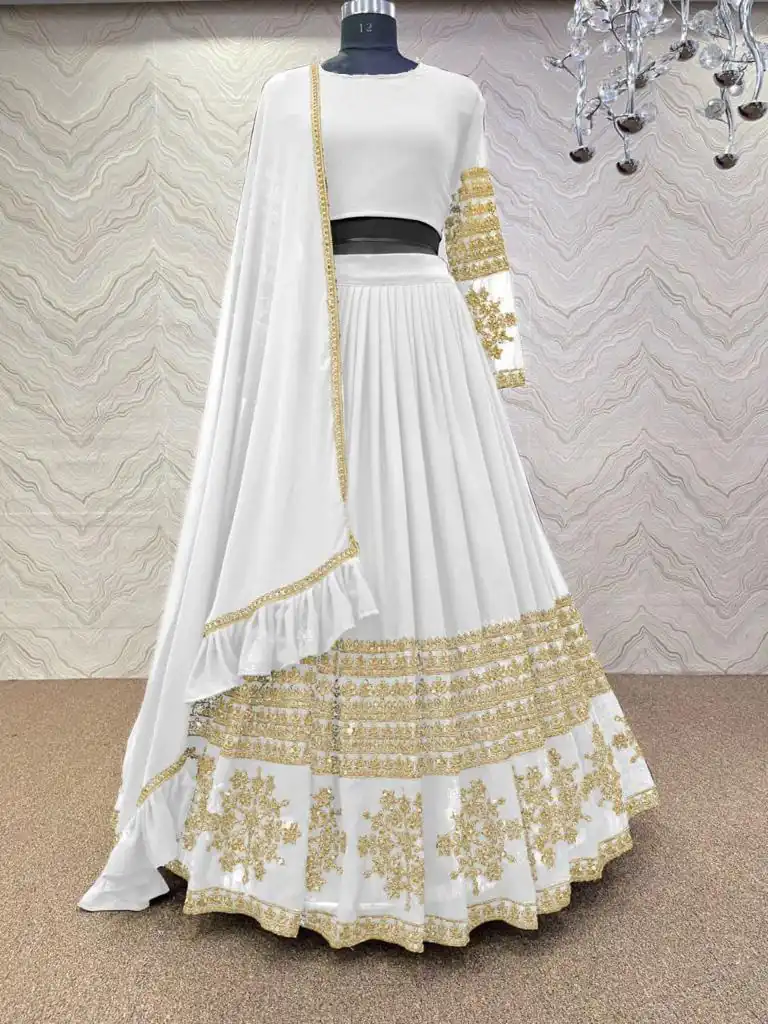 RC Butta Gold White Color Heavy Georgette Embroidery Sequins Lehenga Choli Casual, Party Wedding, Festive, Events Etc. Delivery  4-6 Working Days 1699/- | Lehenga, Bollywood Lehenga, Creative Lehenga, Designer Lehenga, Embroidered Lehenga, Party Wear Lehenga