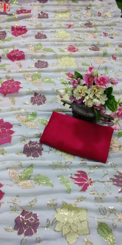 KT 248 White Color Georgette Fancy Thread & Sequence Saree Casual, Party Wear, Wedding   Expected Delivery 4-6 Working Days@1799/- | Sarees, Bollywood Sarees, Creative Sarees, Designer Sarees, Embroidered Sarees, Party Wear Sarees