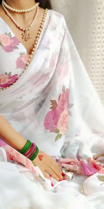 YNF7007 White Color Georgette Printed with pearl lace border Saree Casual, Party Wear, Wedding, Events Etc. Expected Delivery 4-6 Working Days @1499/- | Sarees, Bollywood Sarees, Creative Sarees, Designer Sarees, Embroidered Sarees, Ethnic Saree, Modern Digital sarees, Party Wear Sarees