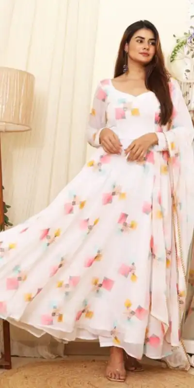 RTC 8041 C White  Color Georgette Embroidered Swarovski Anarkali Suit Casual, Wedding, Party, Festive, Events Etc. Expected Delivery 4-6 Working Days @1899 | Anarkali Suits, Bollywood Anarkali, Creative-Anarkali, Designer Anarkali, Embroidered Anarkali, Party Wear Anarkali, Straight Suits