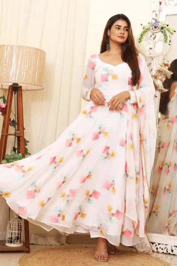 RTC 8041 C White Color Georgette Embroidered Swarovski Anarkali Suit Casual, Wedding, Party, Festive, Events Etc. Expected Delivery 4-6 Working Days @1899 | Anarkali Suits, Bollywood Anarkali, Creative-Anarkali, Designer Anarkali, Embroidered Anarkali, Party Wear Anarkali, Straight Suits