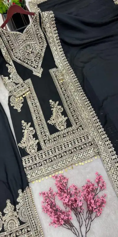 NSR 805 Black Color Pure Chinnon Silk Embroidery Coding Salwar Suit Casual, Party Festive, Events Etc. Expected Delivery 4-6 Working Days @2149/- | Jump Suits, Salwar suit, Designer Suits, Casual Suits, Creative suits, Palazzo Suits, Party Wear Suits, Patiala Suits, Straight Suits