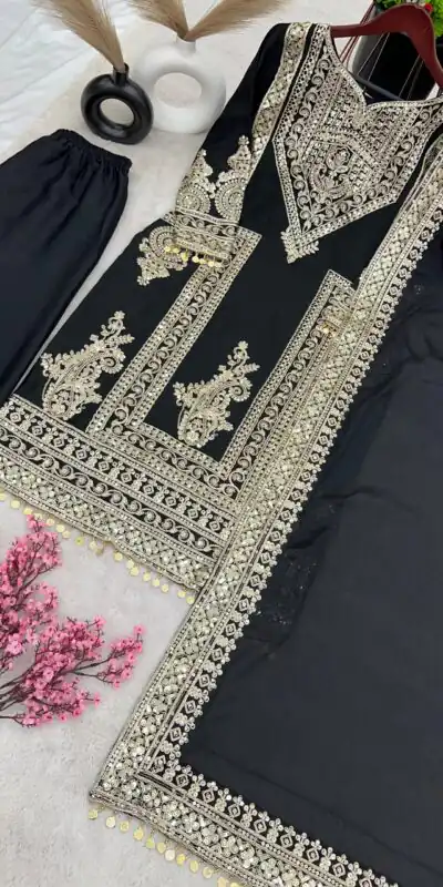 NSR 805 Black Color Pure Chinnon Silk Embroidery Coding Salwar Suit Casual, Party Festive, Events Etc. Expected Delivery 4-6 Working Days @2149/- | Jump Suits, Salwar suit, Designer Suits, Casual Suits, Creative suits, Palazzo Suits, Party Wear Suits, Patiala Suits, Straight Suits