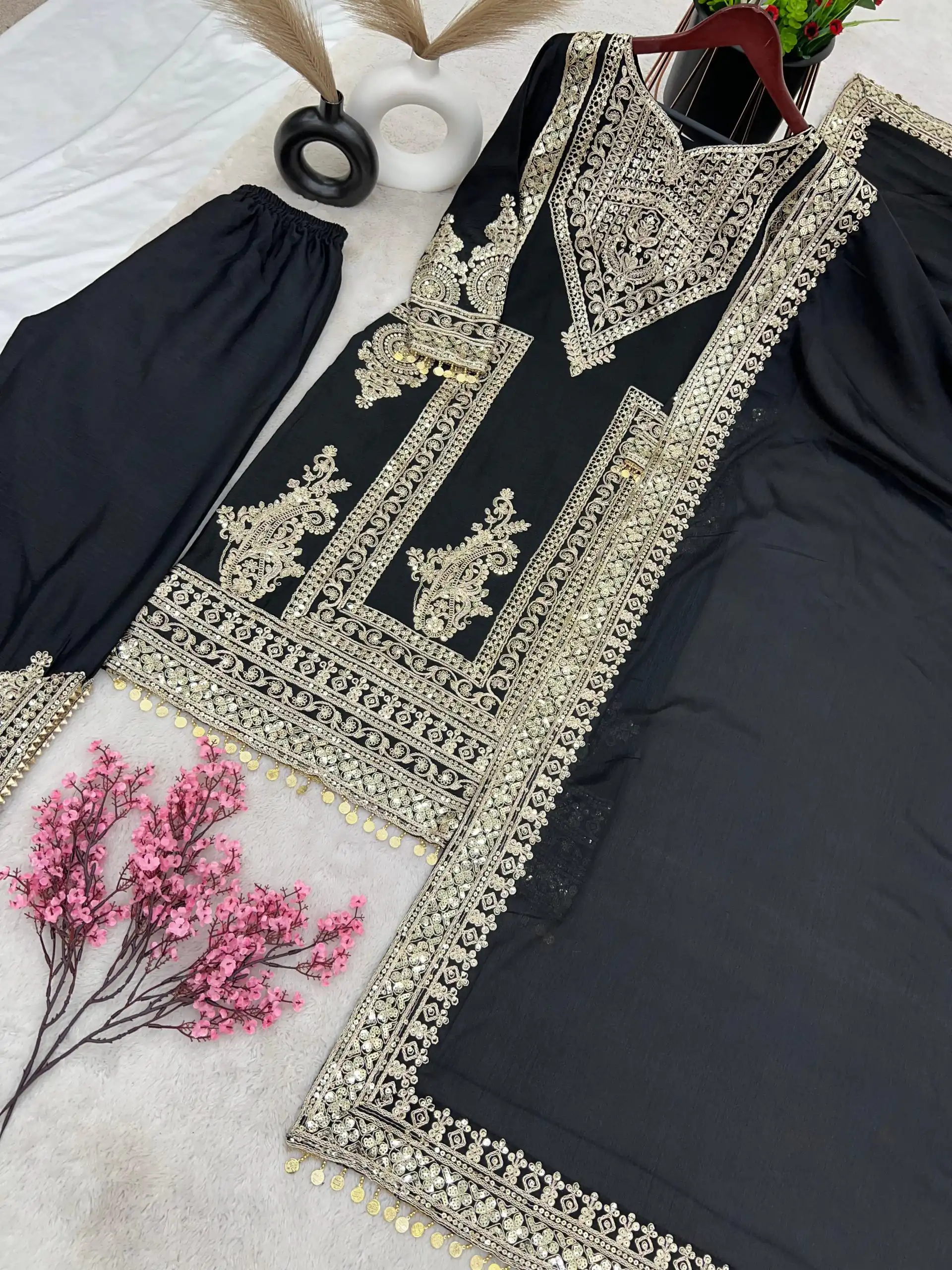 NSR 805 Black Color Pure Chinnon Silk Embroidery Coding Salwar Suit Casual, Party Festive, Events Etc. Expected Delivery 4-6 Working Days @2149/- | Jump Suits, Salwar suit, Designer Suits, Casual Suits, Creative suits, Palazzo Suits, Party Wear Suits, Patiala Suits, Straight Suits