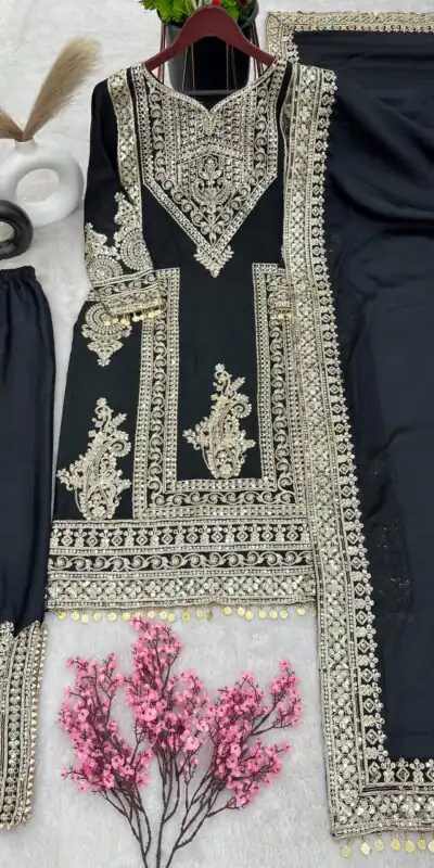 NSR 805 Black Color Pure Chinnon Silk Embroidery Coding Salwar Suit Casual, Party Festive, Events Etc. Expected Delivery 4-6 Working Days @2149/- | Jump Suits, Salwar suit, Designer Suits, Casual Suits, Creative suits, Palazzo Suits, Party Wear Suits, Patiala Suits, Straight Suits