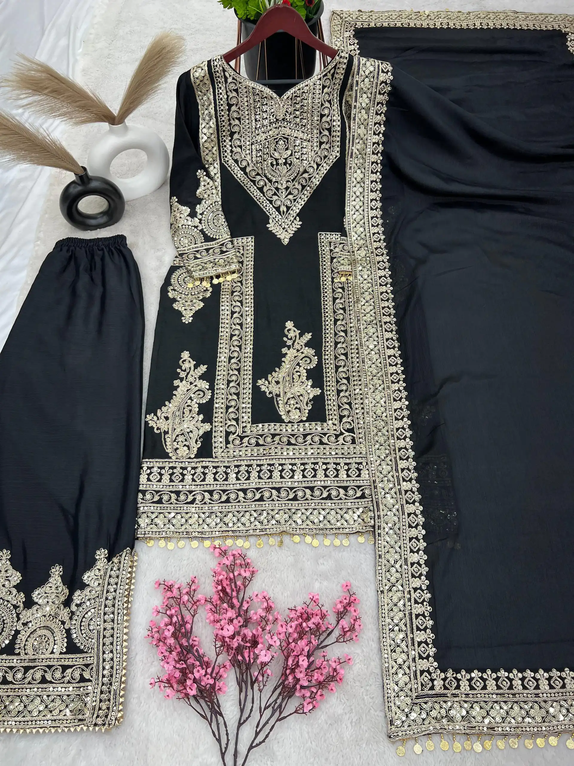 NSR 805 Black Color Pure Chinnon Silk Embroidery Coding Salwar Suit Casual, Party Festive, Events Etc. Expected Delivery 4-6 Working Days @2149/- | Jump Suits, Salwar suit, Designer Suits, Casual Suits, Creative suits, Palazzo Suits, Party Wear Suits, Patiala Suits, Straight Suits