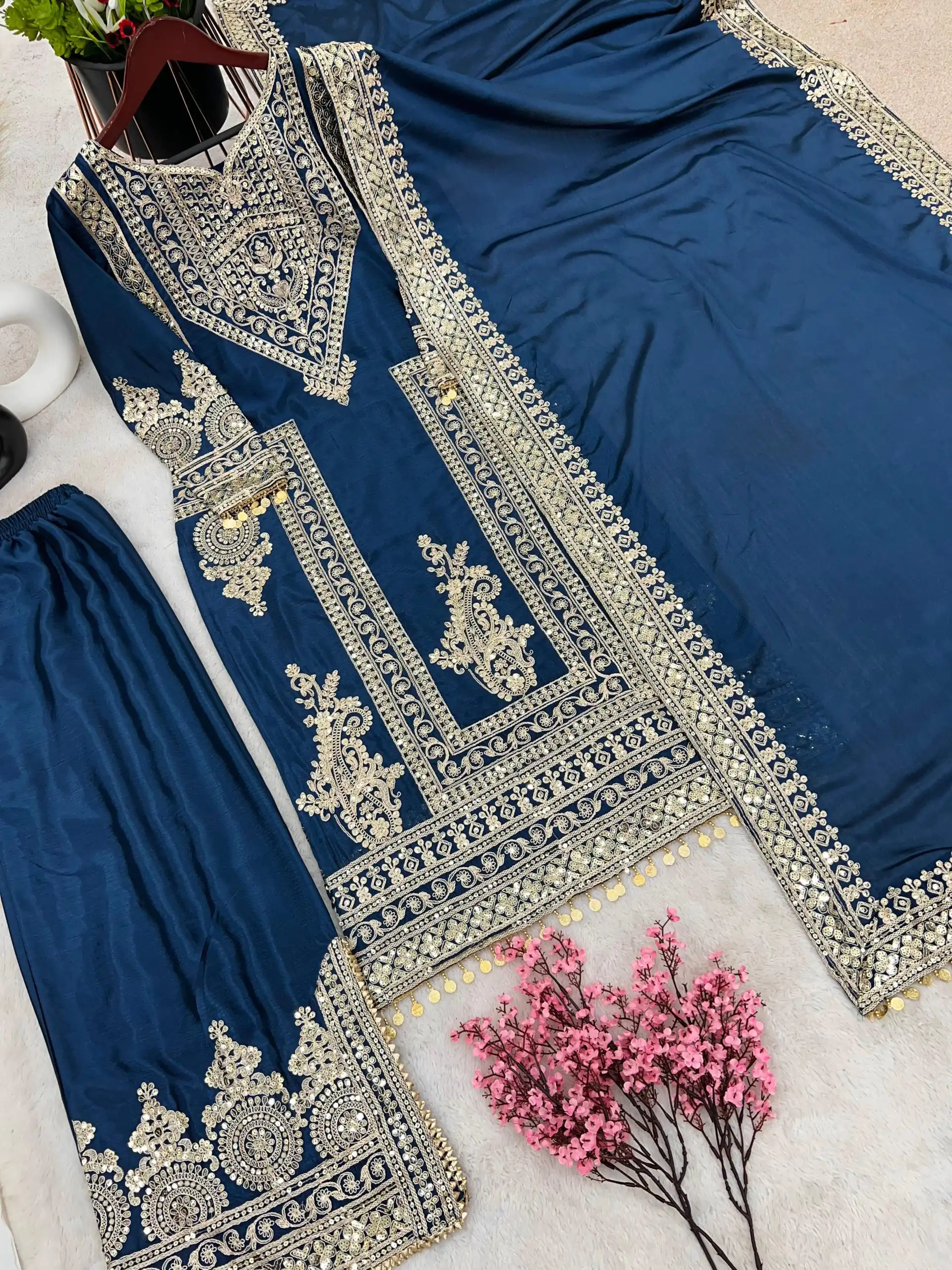 NSR 805 Blue Color Pure Chinnon Silk Embroidery Coding Salwar Suit Casual, Party Festive, Events Etc. Expected Delivery 4-6 Working Days @2149/- | Jump Suits, Salwar suit, Designer Suits, Casual Suits, Creative suits, Palazzo Suits, Party Wear Suits, Patiala Suits, Straight Suits