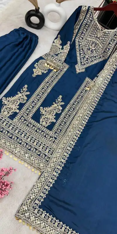 NSR 805 Blue Color Pure Chinnon Silk Embroidery Coding Salwar Suit Casual, Party Festive, Events Etc. Expected Delivery 4-6 Working Days @2149/- | Jump Suits, Salwar suit, Designer Suits, Casual Suits, Creative suits, Palazzo Suits, Party Wear Suits, Patiala Suits, Straight Suits