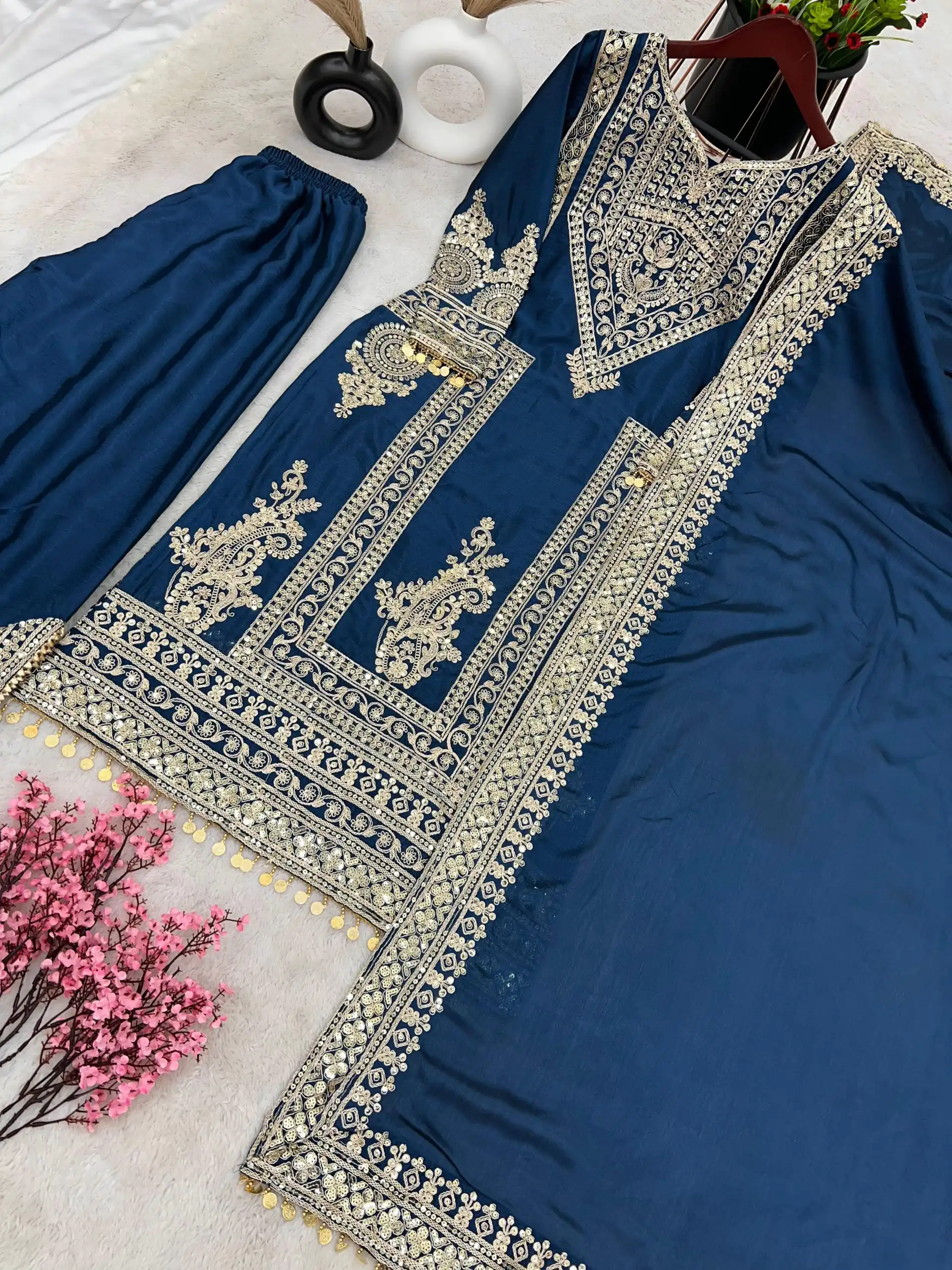 NSR 805 Blue Color Pure Chinnon Silk Embroidery Coding Salwar Suit Casual, Party Festive, Events Etc. Expected Delivery 4-6 Working Days @2149/- | Jump Suits, Salwar suit, Designer Suits, Casual Suits, Creative suits, Palazzo Suits, Party Wear Suits, Patiala Suits, Straight Suits
