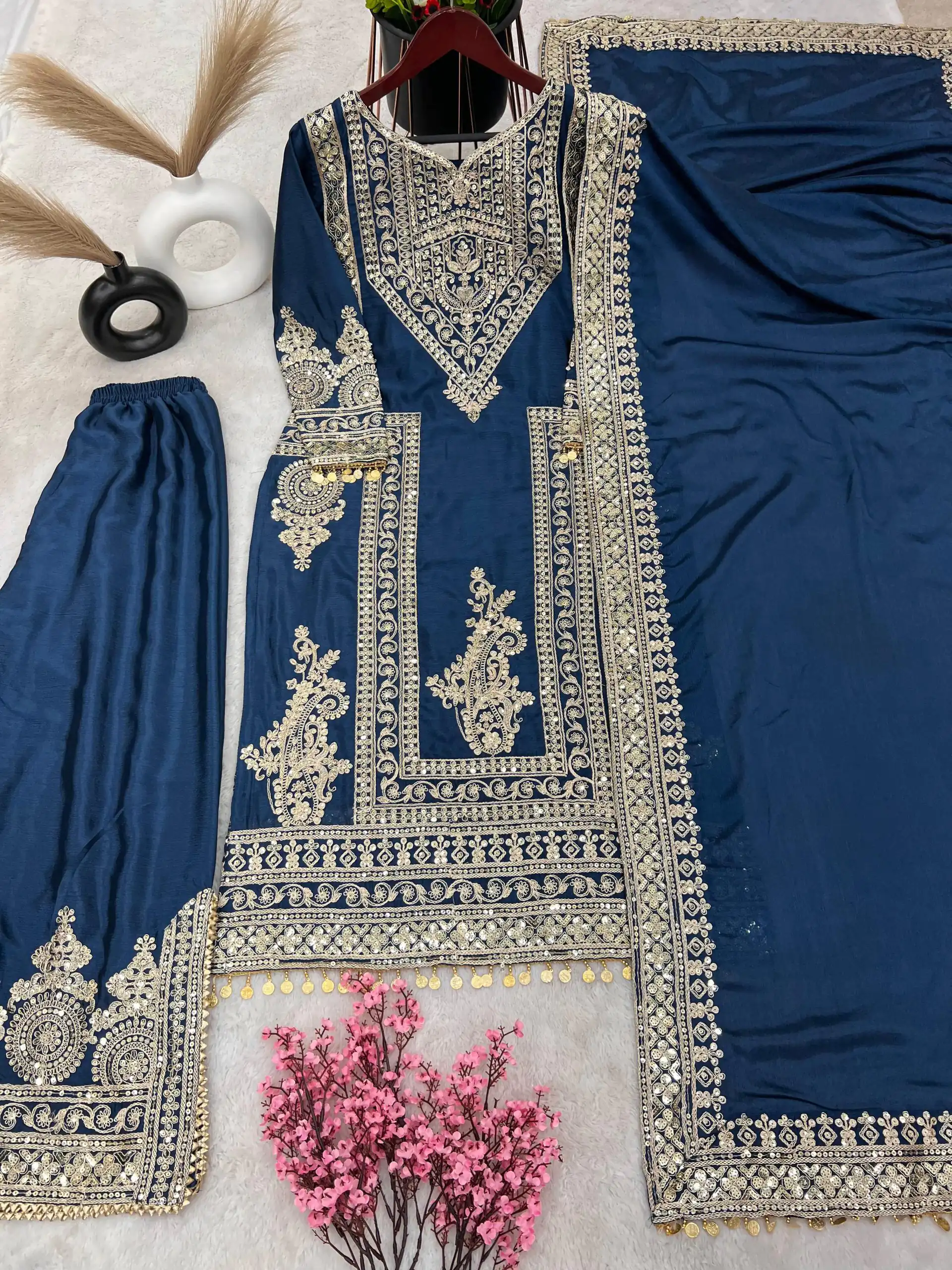 NSR 805 Blue Color Pure Chinnon Silk Embroidery Coding Salwar Suit Casual, Party Festive, Events Etc. Expected Delivery 4-6 Working Days @2149/- | Jump Suits, Salwar suit, Designer Suits, Casual Suits, Creative suits, Palazzo Suits, Party Wear Suits, Patiala Suits, Straight Suits