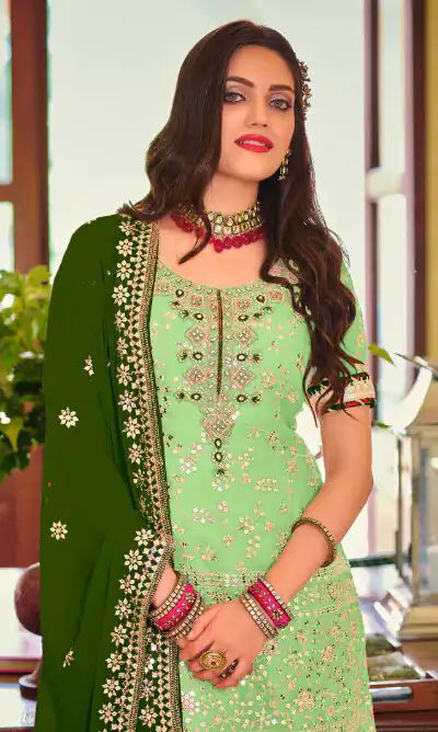 DS 1364 Parrot Green Color Faux Georgette Embroidery Work Salwar Suit Wedding, Party, Festive, Events Expected Delivery 4-6 Working Days @ 2299/- | Jump Suits, Salwar suit, Designer Suits, Casual Suits, Creative suits, Palazzo Suits, Party Wear Suits, Patiala Suits, Straight Suits