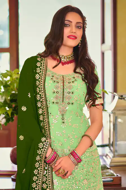DS 1364 Parrot Green Color Faux Georgette Embroidery Work Salwar Suit Wedding, Party, Festive, Events Expected Delivery 4-6 Working Days @ 2299/- | Jump Suits, Salwar suit, Designer Suits, Casual Suits, Creative suits, Palazzo Suits, Party Wear Suits, Patiala Suits, Straight Suits