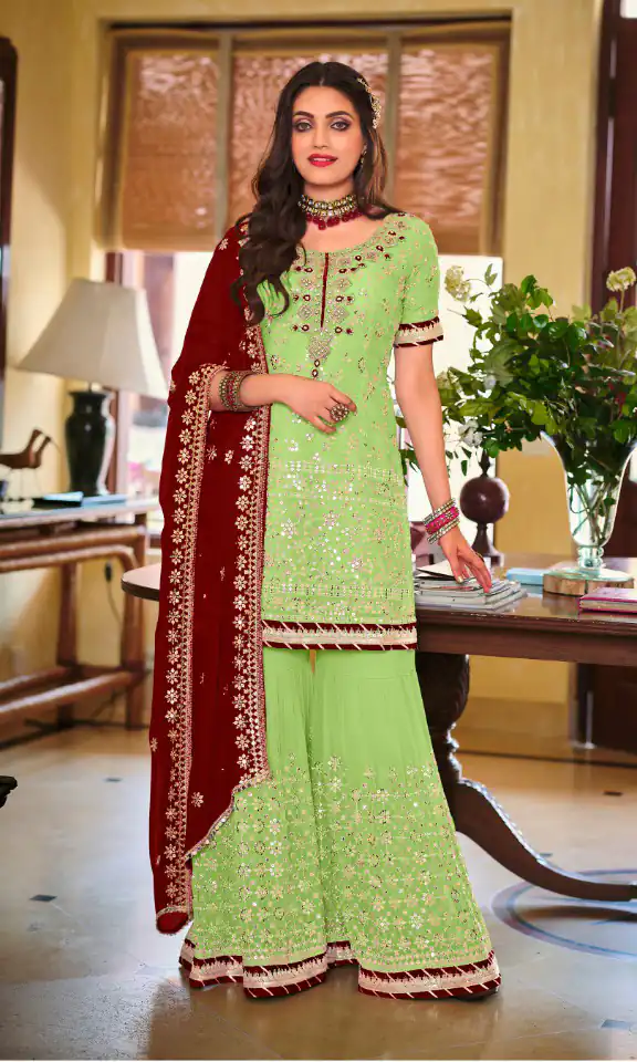 DS 1364 Parrot Green Color Faux Georgette Embroidery Work Salwar Suit Wedding, Party, Festive, Events Expected Delivery 4-6 Working Days @ 2299/- | Jump Suits, Salwar suit, Designer Suits, Casual Suits, Creative suits, Palazzo Suits, Party Wear Suits, Patiala Suits, Straight Suits