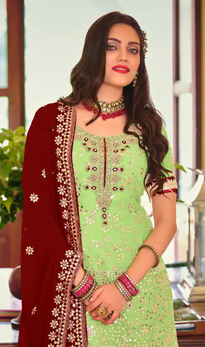 DS 1364 Parrot Green Color Faux Georgette Embroidery Work Salwar Suit Wedding, Party, Festive, Events Expected Delivery 4-6 Working Days @ 2299/- | Jump Suits, Salwar suit, Designer Suits, Casual Suits, Creative suits, Palazzo Suits, Party Wear Suits, Patiala Suits, Straight Suits