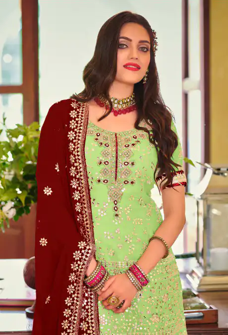 DS 1364 Parrot Green Color Faux Georgette Embroidery Work Salwar Suit Wedding, Party, Festive, Events Expected Delivery 4-6 Working Days @ 2299/- | Jump Suits, Salwar suit, Designer Suits, Casual Suits, Creative suits, Palazzo Suits, Party Wear Suits, Patiala Suits, Straight Suits