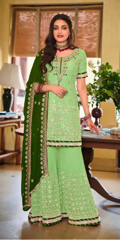 DS 1364 Parrot Green Color Faux Georgette Embroidery Work Salwar Suit Wedding, Party, Festive, Events Expected Delivery 4-6 Working Days @ 2299/- | Jump Suits, Salwar suit, Designer Suits, Casual Suits, Creative suits, Palazzo Suits, Party Wear Suits, Patiala Suits, Straight Suits