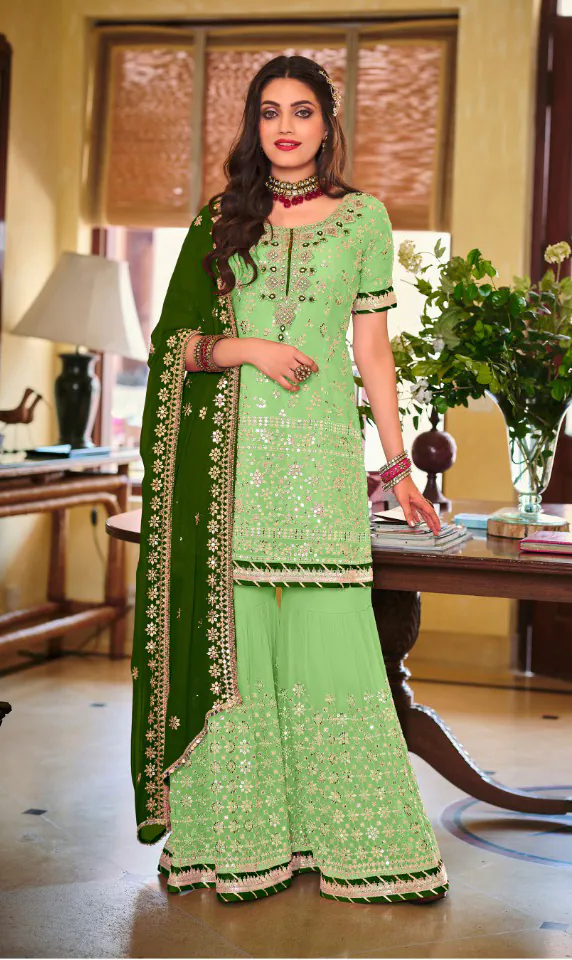 DS 1364 Parrot Green Color Faux Georgette Embroidery Work Salwar Suit Wedding, Party, Festive, Events Expected Delivery 4-6 Working Days @ 2299/- | Jump Suits, Salwar suit, Designer Suits, Casual Suits, Creative suits, Palazzo Suits, Party Wear Suits, Patiala Suits, Straight Suits