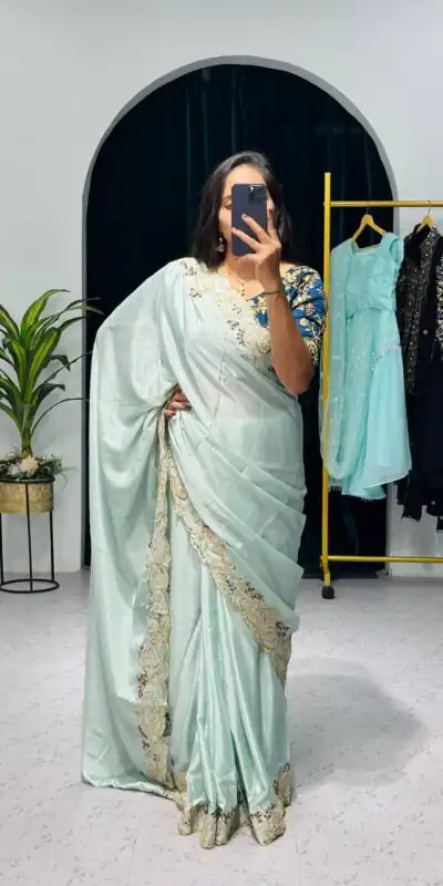 ST 463 Light Pista Green Color Chinon Embroidery Cotton Thread Saree Casual, Wedding, Party, Festive, Events Etc. Expected Delivery 4-6 Working Days @1849/- | Sarees, Bollywood Sarees, Creative Sarees, Designer Sarees, Embroidered Sarees, Ethnic Saree, Modern Digital sarees, Party Wear Sarees