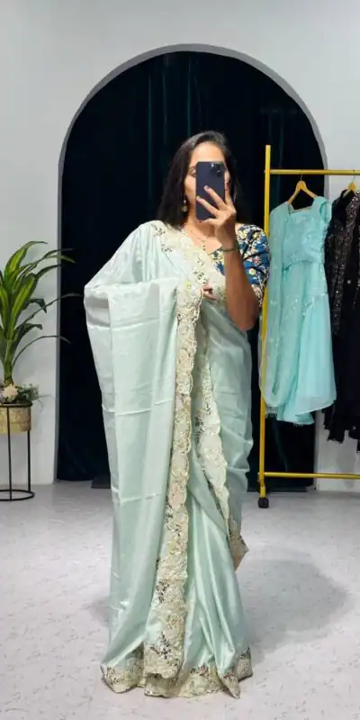 ST 463 Light Pista Green Color Chinon Embroidery Cotton Thread Saree Casual, Wedding, Party, Festive, Events Etc. Expected Delivery 4-6 Working Days @1849/- | Sarees, Bollywood Sarees, Creative Sarees, Designer Sarees, Embroidered Sarees, Ethnic Saree, Modern Digital sarees, Party Wear Sarees