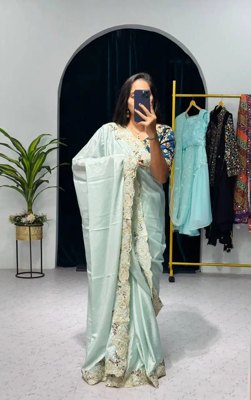 ST 463 Light Pista Green Color Chinon Embroidery Cotton Thread Saree Casual, Wedding, Party, Festive, Events Etc. Expected Delivery 4-6 Working Days @1849/- | Sarees, Bollywood Sarees, Creative Sarees, Designer Sarees, Embroidered Sarees, Ethnic Saree, Modern Digital sarees, Party Wear Sarees