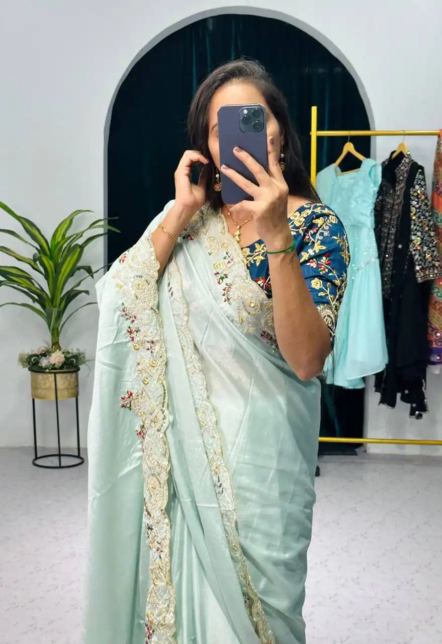 ST 463 Light Pista Green Color Chinon Embroidery Cotton Thread Saree Casual, Wedding, Party, Festive, Events Etc. Expected Delivery 4-6 Working Days @1849/- | Sarees, Bollywood Sarees, Creative Sarees, Designer Sarees, Embroidered Sarees, Ethnic Saree, Modern Digital sarees, Party Wear Sarees