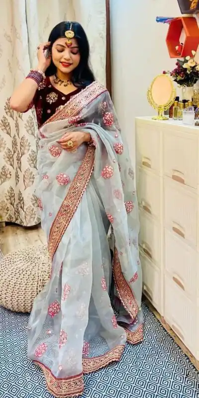 VT 539 Ash Blue Color Organza Designer Multi Thread Work Saree And Blouse Casual, Wedding, Festive, Events . Expected Delivery 4-6 Working Days @1999/- | Sarees, Bollywood Sarees, Creative Sarees, Designer Sarees, Embroidered Sarees, Ethnic Saree, Modern Digital sarees, Party Wear Sarees