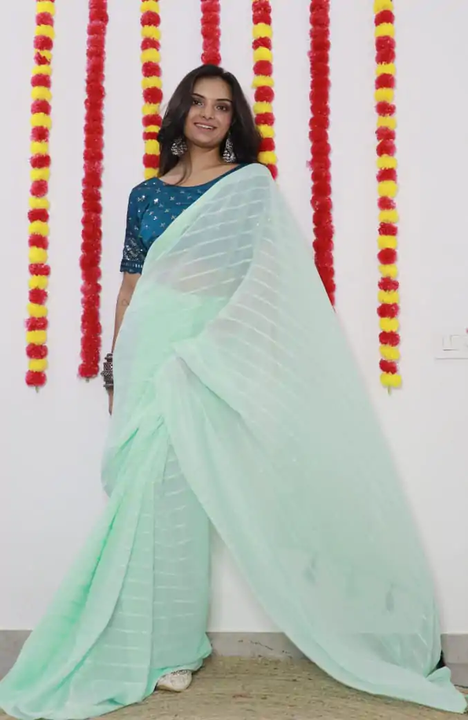 SF Chiffon Light Green Color Soft chiffon Woven Satin Strips Saree Casual, Wedding, Festive, Events Etc. Expected Delivery 4-6 Working Days @1749/- | Sarees, Bollywood Sarees, Creative Sarees, Designer Sarees, Embroidered Sarees, Ethnic Saree, Modern Digital sarees, Party Wear Sarees