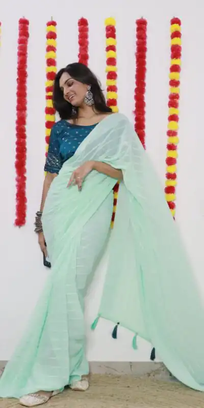 SF Chiffon Light Green Color Soft chiffon Woven Satin Strips Saree Casual, Wedding, Festive, Events Etc. Expected Delivery 4-6 Working Days @1749/- | Sarees, Bollywood Sarees, Creative Sarees, Designer Sarees, Embroidered Sarees, Ethnic Saree, Modern Digital sarees, Party Wear Sarees