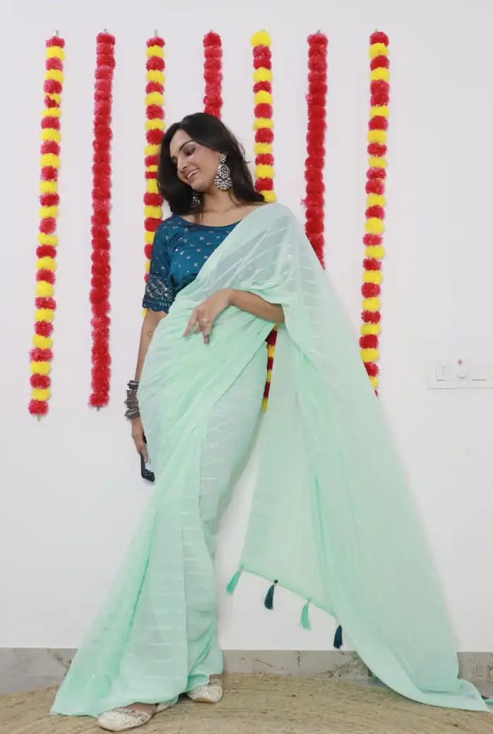 SF Chiffon Light Green Color Soft chiffon Woven Satin Strips Saree Casual, Wedding, Festive, Events Etc. Expected Delivery 4-6 Working Days @1749/- | Sarees, Bollywood Sarees, Creative Sarees, Designer Sarees, Embroidered Sarees, Ethnic Saree, Modern Digital sarees, Party Wear Sarees