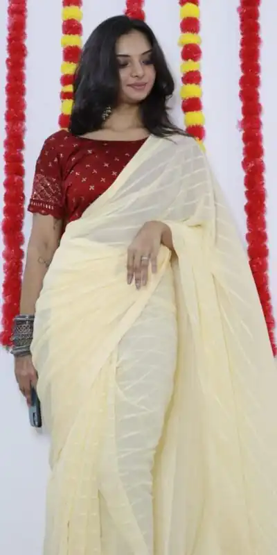 SF Chiffon  Light Yellow Color Soft chiffon Woven Satin Strips Saree Casual, Wedding, Festive, Events Etc. Expected Delivery  4-6 Working Days @1749/- | Sarees, Bollywood Sarees, Creative Sarees, Designer Sarees, Embroidered Sarees, Ethnic Saree, Modern Digital sarees, Party Wear Sarees