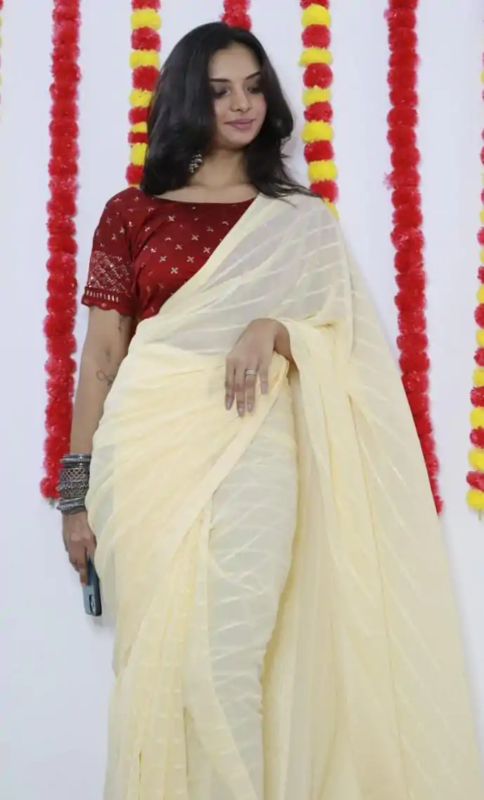 SF Chiffon  Light Yellow Color Soft chiffon Woven Satin Strips Saree Casual, Wedding, Festive, Events Etc. Expected Delivery  4-6 Working Days @1749/- | Sarees, Bollywood Sarees, Creative Sarees, Designer Sarees, Embroidered Sarees, Ethnic Saree, Modern Digital sarees, Party Wear Sarees