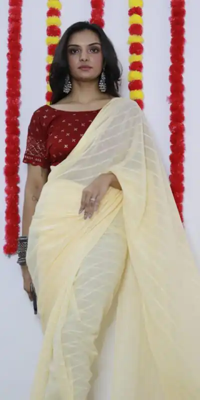 SF Chiffon Light Yellow Color Soft chiffon Woven Satin Strips Saree Casual, Wedding, Festive, Events Etc. Expected Delivery 4-6 Working Days @1749/- | Sarees, Bollywood Sarees, Creative Sarees, Designer Sarees, Embroidered Sarees, Ethnic Saree, Modern Digital sarees, Party Wear Sarees