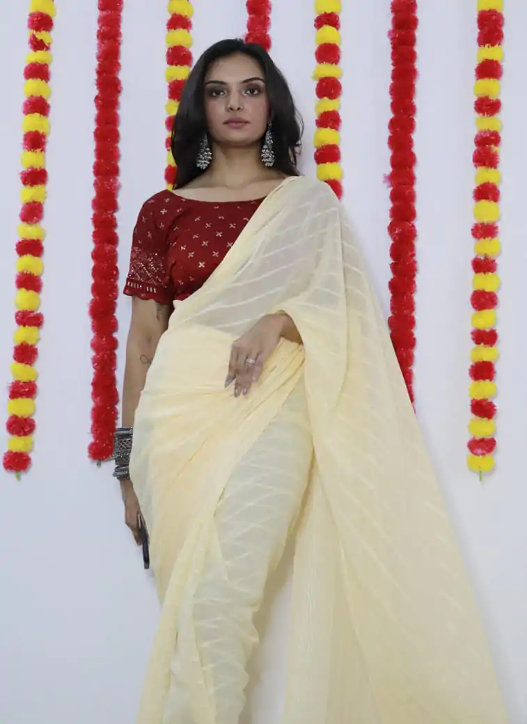 SF Chiffon  Light Yellow Color Soft chiffon Woven Satin Strips Saree Casual, Wedding, Festive, Events Etc. Expected Delivery  4-6 Working Days @1749/- | Sarees, Bollywood Sarees, Creative Sarees, Designer Sarees, Embroidered Sarees, Ethnic Saree, Modern Digital sarees, Party Wear Sarees