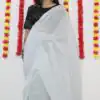 Majestic White Color Soft Chiffon Woven Satin Strips Saree