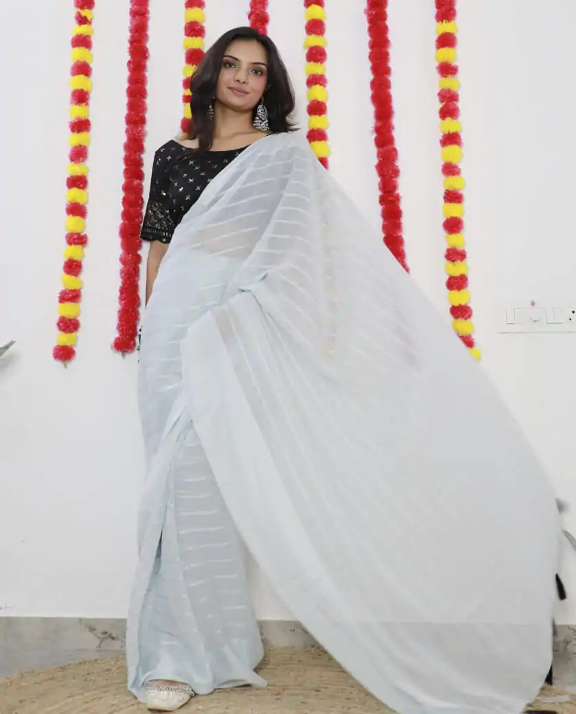SF Chiffon  White  Color Soft chiffon Woven Satin Strips Saree Casual, Wedding, Festive, Events Etc. Expected Delivery  4-6 Working Days @1749/- | Sarees, Bollywood Sarees, Creative Sarees, Designer Sarees, Embroidered Sarees, Ethnic Saree, Modern Digital sarees, Party Wear Sarees