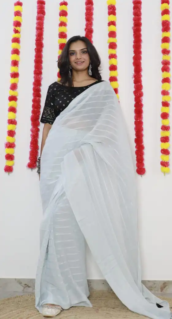 SF Chiffon  White  Color Soft chiffon Woven Satin Strips Saree Casual, Wedding, Festive, Events Etc. Expected Delivery  4-6 Working Days @1749/- | Sarees, Bollywood Sarees, Creative Sarees, Designer Sarees, Embroidered Sarees, Ethnic Saree, Modern Digital sarees, Party Wear Sarees