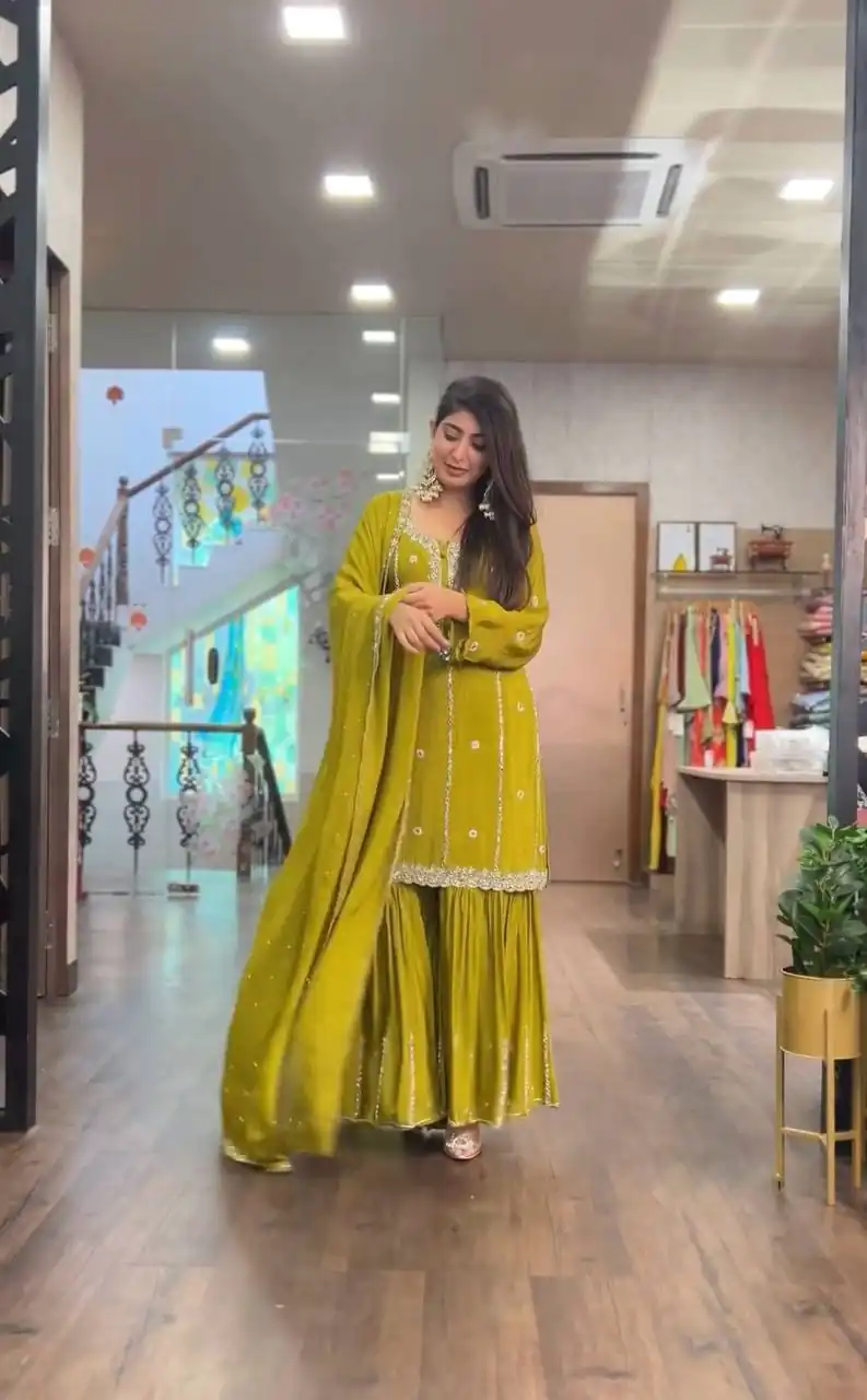 SRK-5145 Mustard Color Pure Chinnon Silk Embroidery Sequence Salwar Suit Wedding, Party, Festive, Events Expected Delivery 4-6 Working Days @ 1899/- | Jump Suits, Salwar suit, Designer Suits, Casual Suits, Creative suits, Palazzo Suits, Party Wear Suits, Patiala Suits, Straight Suits