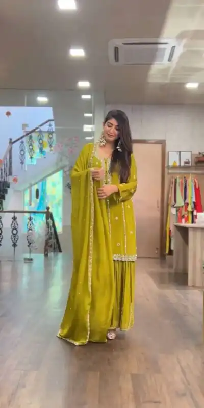 SRK-5145 Mustard Color Pure Chinnon Silk Embroidery Sequence Salwar Suit Wedding, Party, Festive, Events Expected Delivery 4-6 Working Days @ 1899/- | Jump Suits, Salwar suit, Designer Suits, Casual Suits, Creative suits, Palazzo Suits, Party Wear Suits, Patiala Suits, Straight Suits