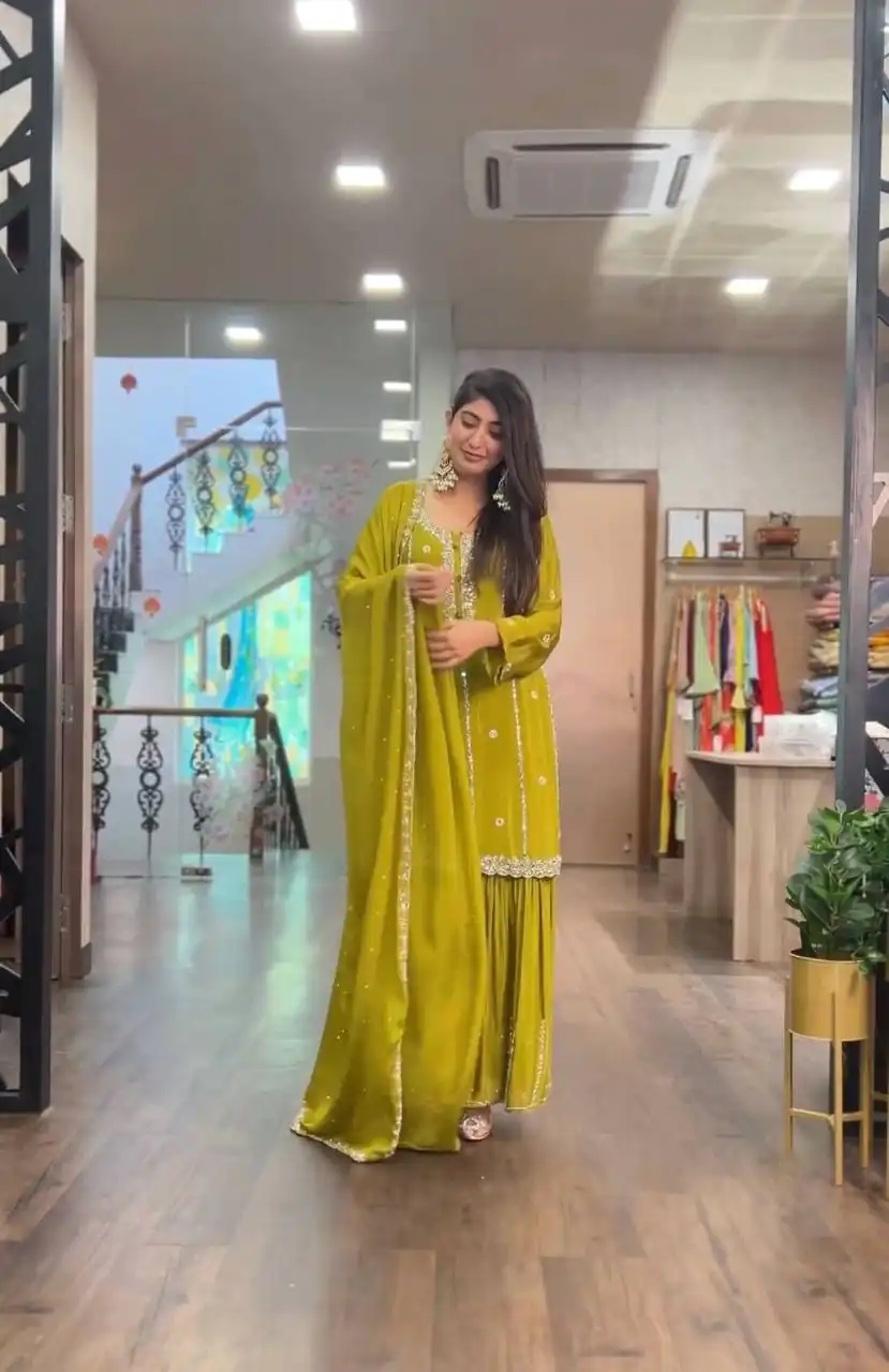 SRK-5145 Mustard Color Pure Chinnon Silk Embroidery Sequence Salwar Suit Wedding, Party, Festive, Events Expected Delivery 4-6 Working Days @ 1899/- | Jump Suits, Salwar suit, Designer Suits, Casual Suits, Creative suits, Palazzo Suits, Party Wear Suits, Patiala Suits, Straight Suits