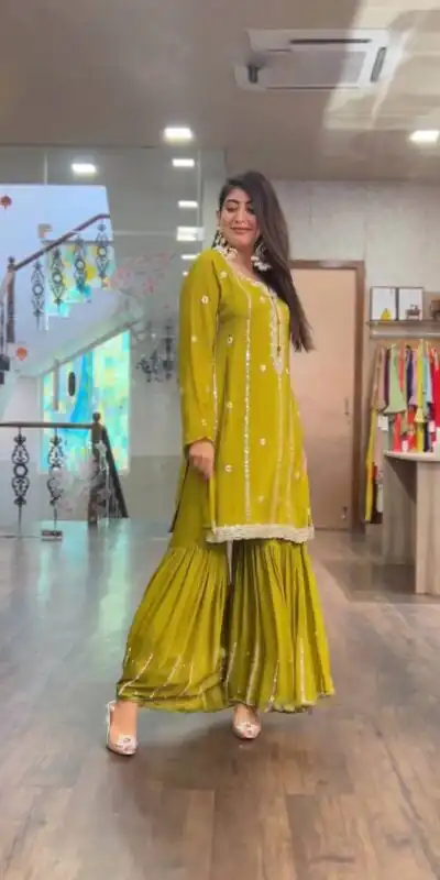 SRK-5145 Mustard Color Pure Chinnon Silk Embroidery Sequence Salwar Suit Wedding, Party, Festive, Events Expected Delivery 4-6 Working Days @ 1899/- | Jump Suits, Salwar suit, Designer Suits, Casual Suits, Creative suits, Palazzo Suits, Party Wear Suits, Patiala Suits, Straight Suits