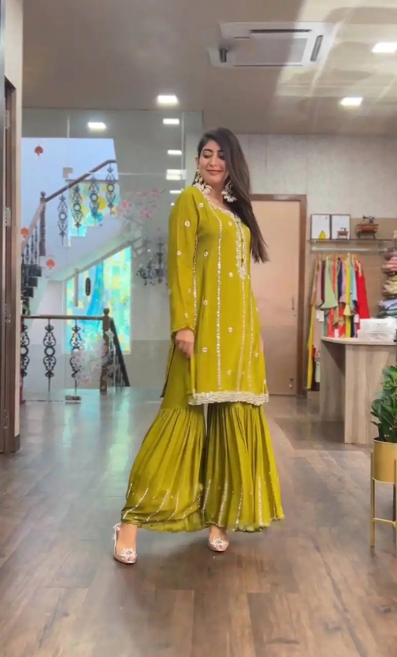 SRK-5145 Mustard Color Pure Chinnon Silk Embroidery Sequence Salwar Suit Wedding, Party, Festive, Events Expected Delivery 4-6 Working Days @ 1899/- | Jump Suits, Salwar suit, Designer Suits, Casual Suits, Creative suits, Palazzo Suits, Party Wear Suits, Patiala Suits, Straight Suits