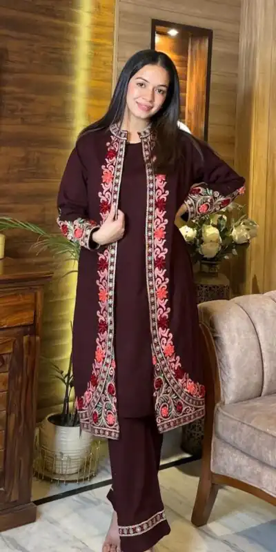 KD 1441 Wine Color Rayon Chain-Stitch Work Salwar Suit With Shrug Casual, Party, Festive, Events Etc. Expected Delivery 4-6 Working Days @2099/- | Jump Suits, Salwar suit, Designer Suits, Casual Suits, Creative suits, Palazzo Suits, Party Wear Suits, Patiala Suits, Straight Suits