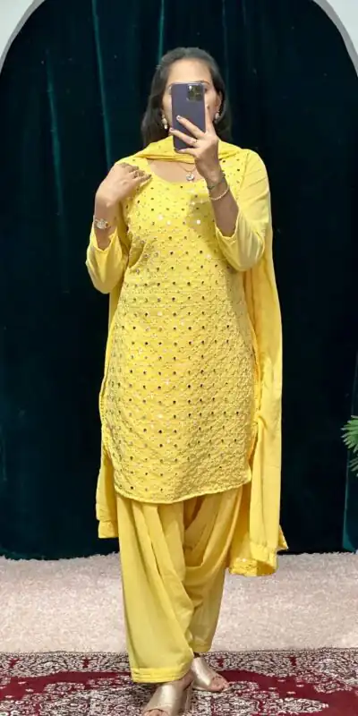 ST 1045 Yellow Color Faux Georgette Embroidery Work Kurti Casual, Wedding, Party, Festive, Events Etc. Expected Delivery 4-6 Working Days @1899/- | Kurti, Bollywood Kurti, Creative Kurtis, Designer Kurti, Party Wear Kurti, Selfie Kurti