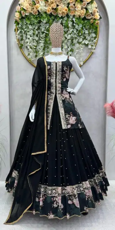 RTC 6466 Black Color Foix Georgette Rivet Moti Digital Printed Lehenga Choli Wedding, Party, Festive, Events Etc.   Expected Delivery 4-6 Working Days @2049/- | Lehenga, Bollywood Lehenga, Creative Lehenga, Designer Lehenga, Embroidered Lehenga, Party Wear Lehenga