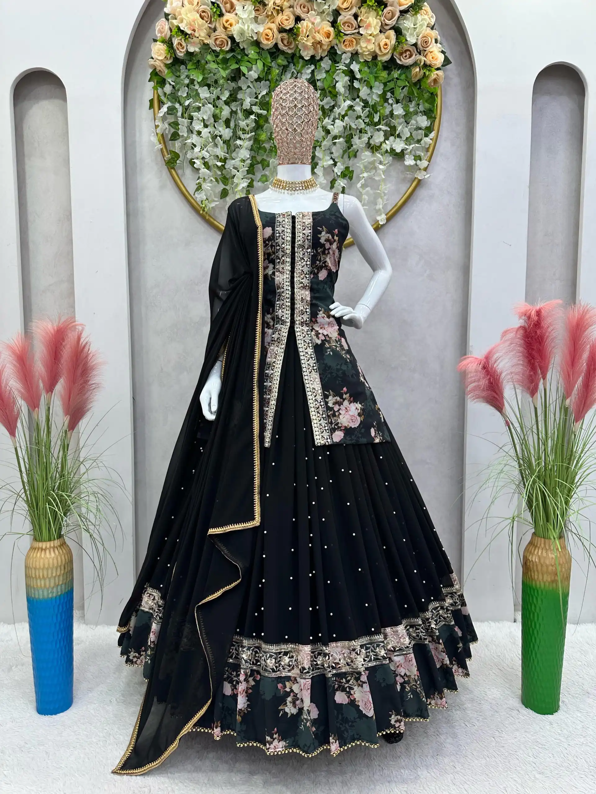 RTC 6466 Black Color Foix Georgette Rivet Moti Digital Printed Lehenga Choli Wedding, Party, Festive, Events Etc. Expected Delivery 4-6 Working Days @2049/- | Lehenga, Bollywood Lehenga, Creative Lehenga, Designer Lehenga, Embroidered Lehenga, Party Wear Lehenga