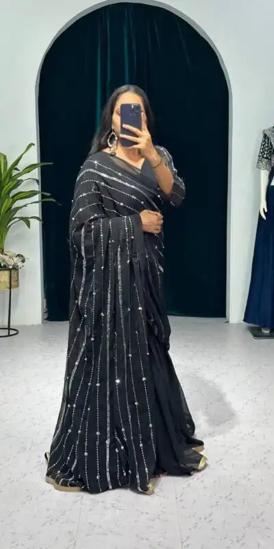 ST 1035 Black Color Georgette Embroidery Moti Work Lehenga Saree Casual, Wedding, Party, Festive, Events Etc. Expected Delivery 4-6 Working Days @2049/- | Lehenga, Bollywood Lehenga, Creative Lehenga, Designer Lehenga, Embroidered Lehenga, Party Wear Lehenga